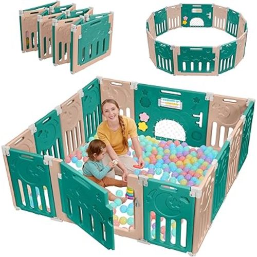 Baby Playpen, Dripex Baby Playard for Babies and Toddlers, 14-Panel Foldable Playpen Adjustable Portable Play Area, Indoor/Outdoor Kids Active Center with Game Panel & Safety Gate, Green Brown