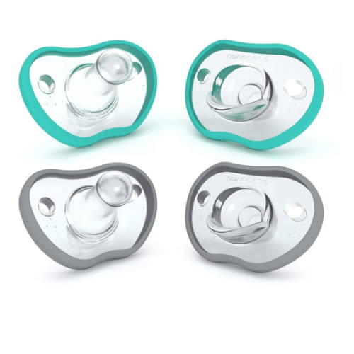 Nanobebe Baby Pacifiers 0-3 Month - Orthodontic, Curves Comfortably with Face Contour, Award Winning for Breastfeeding Babies, 100% Silicone, Baby Registry Gift 4pk,Teal/Grey