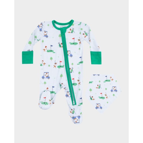 Boy's Dog Gone Golf 2-Way Zip Footie and Bib Set, Size Newborn-9M