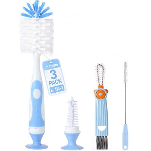 4-in-1 Baby Bottle Brush Set, Blue | Cleaning Kit With Cap, Straw and Nipple Brushes for Baby Bottles, Breast Pump Parts, Cups and Lids; BPA-free Materials.