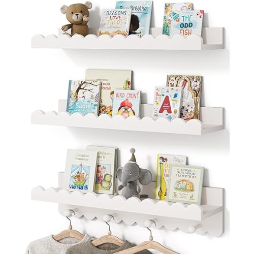 G&W Gruwald Nursery Book Shelves, Scalloped Shelves with Coat Hooks, Set of 3, Nursey Decor
