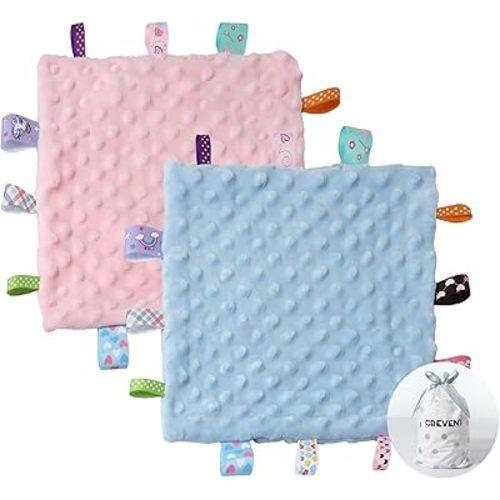 CREVENT Tag Security Blankets for Babies, Soft Small Loveys for Boys, Baby Comforter Sensory Blanket, Great Gifts for Birthday Baby Shower (10"X10" Blue + Pink Tag)