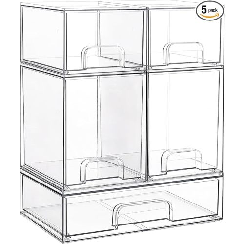 Vtopmart Stackable Storage Drawers Set of 5, Clear Plastic Organizer Bins for Baby Bottle, Beauty Supplies Storage, Ideal for Kichen Countertop, Vanity, Bathroom, Cabinet, Pantry Organization