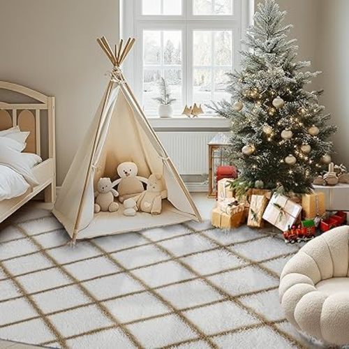 Fluffy Rug for Bedroom, 5X7Feet Stripe Checkered Rug Anti-Skid High Pile for Living Room Bedroom Kids Room Nursery, Dorm Home Decor