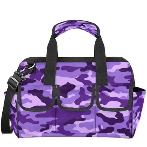 Purple Camouflage Tool Bag for Men Women Multi-Pockets Wide Mouth Tool Storage Bags 14.8 Inch Waterproof Heavy Duty Tool Bag Organizer for Electrician Mechanic Plumbers Handymen