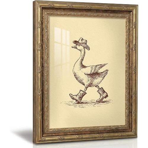 ARPEOTCY Gold Framed Glass Wall Art, 12x16inch, Trendy Cowboy Duck Modern Maximalist Artwork Funny Animal Canvas Paintings, Western Home Decor, Retro Farmhouse Rustic Decor for Bedroom Living Room Kitchen