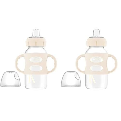 Dr. Brown’s® Milestones™ Wide-Neck Sippy Bottle with 100% Silicone Handles, Easy-Grip Bottle with Soft Sippy Spout, 9oz/270mL, BPA Free, Ecru, 6m+ (Pack of 2)