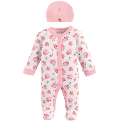 Luvable Friends Baby Girl Cotton Preemie Sleeper Outfit, Floral 2pc Set with Cap