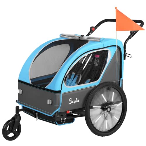 Sepnine Kids Bike Trailer, 2 in1 Canopy Carrier Converts to Pushcart Suitable for 1 to 2 Toddlers, Kids, Quick Attach to Bike, Foldable, with 5-Point Harness and Storage Bags