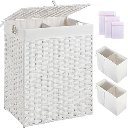 Greenstell Laundry Hamper with 2 Removable Liner Bags,90L Divided Clothes Hamper, Handwoven Synthetic Rattan Foldable Laundry Basket with Lid and Handles White (18.5 x 13.3 x 24.0Inches)