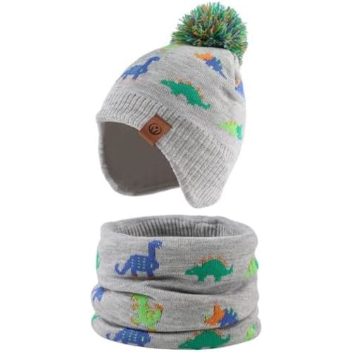 JANGANNSA Knitted Baby Hat Scarf Set Beanie Fleece Lining Toddler Kids Winter Warm, Boys Girls, Hats, with Pompom