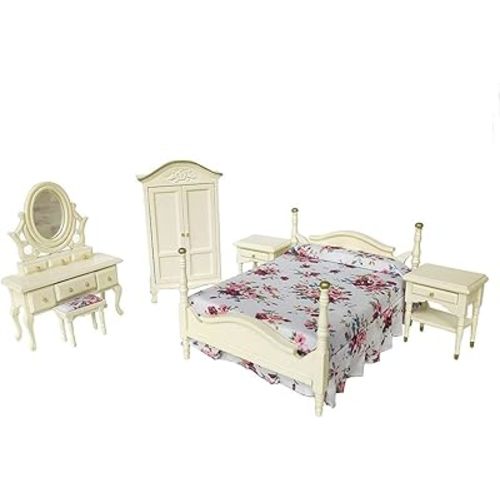 iLAND Wooden Dollhouse Furniture 1/12 Scale, Dollhouse Bedroom Furniture in Mahogany Color incl Dollhouse Bed & Dressing Table & Wardrobe (Classical Miniature Furniture 6pcs)