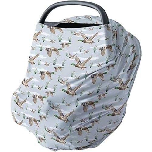 HawSkgFub Mallard Duck Hunting 5-in-1 Car Seat Cover for Baby Boy Girl Gift, Blue Wild Animal Hunter Reed Privacy Breastfeeding Nursing Cover, Newborn Infant Multi-use Carseat Canopy Carrier
