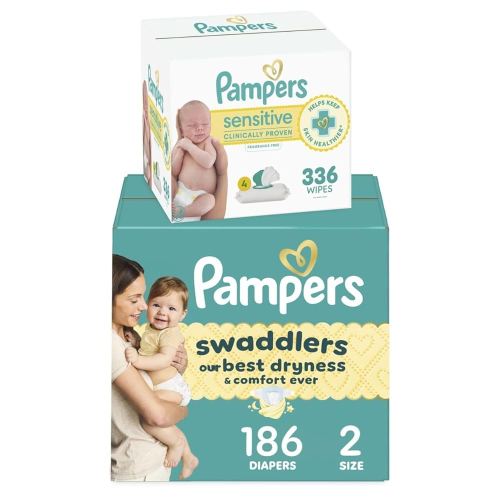 Diapers Size 2, 186 Count and Baby Wipes - Pampers Swaddlers Disposable Baby Diapers and Water Baby Wipes Sensitive Pop-Top Packs, 336 Count (Packaging May Vary)