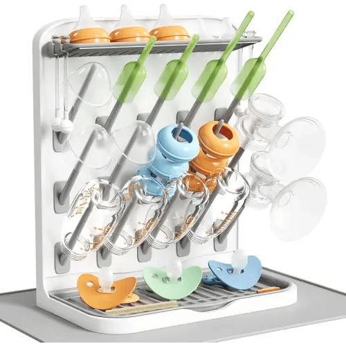 Lifewit Large Baby Bottle Drying Rack with Drain Mat, 15 Hooks Vertical Rack Dryer with Removable Pacifiers Box, Drip Tray, Space Saving Countertop Holder Organizer for Weighted Straws, Pump Parts