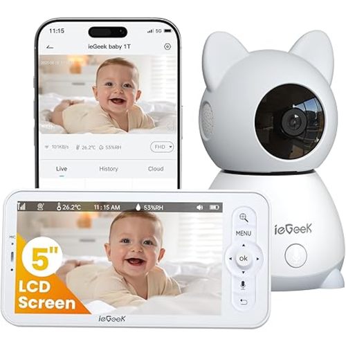 ieGeek Baby Monitor with 5" HD Screen, 2K Camera & Night Vision | WiFi/No-WiFi Dual Mode, PTZ, Cry/Motion Detection, 2-Way Audio, Temp/Humidity Sensor, Auto Tracking, App & Remote Contro