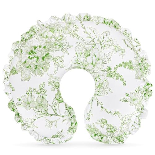 DILIMI Nursing Pillow Cover, Removable Ruffled Pillowcase for Breastfeeding Pillows, Ultra Soft Comfortable Slipcover for Baby Girl and Boy, Green Floral