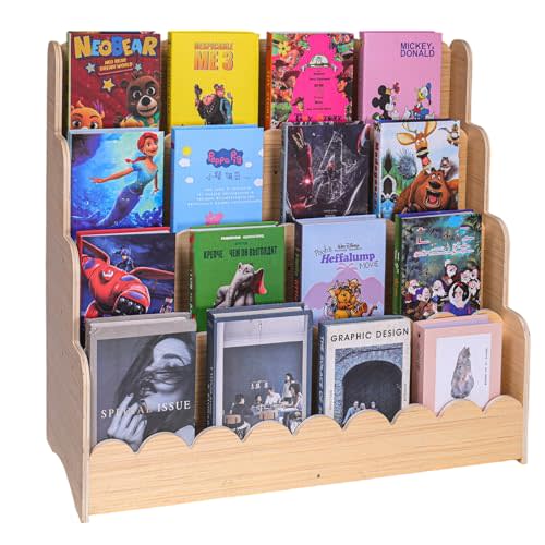 Wooden Kids Bookshelf 4-Tier, Front Facing Toddler Montessori Bookshelf，Scalloped Book Shelf for Kids Rooms, Baby Nursery Book Shelves Classroom Bookcase