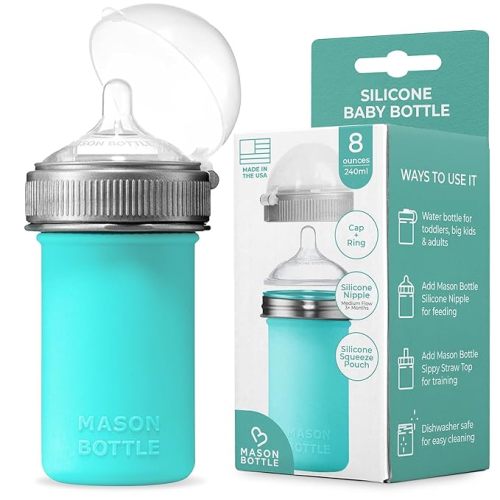 Mason Bottle 8oz Silicone Baby Bottle with Medium Flow Nipple (3+ Months) – Breastfeeding Bottle, Reusable Silicone Squeeze Pouch – BPA & BPS-Free, Non-Toxic, Made in USA (Teal)
