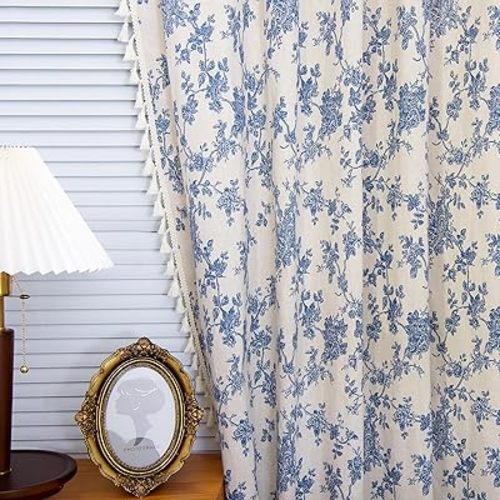 LOVOUS Vintage Blue Floral Curtains for Living Room 84 Inch Length Linen Blue Toile Curtain Rod Pocket French Country Drapes with Tassel Bedroom Window Curtain Set 2 Panels