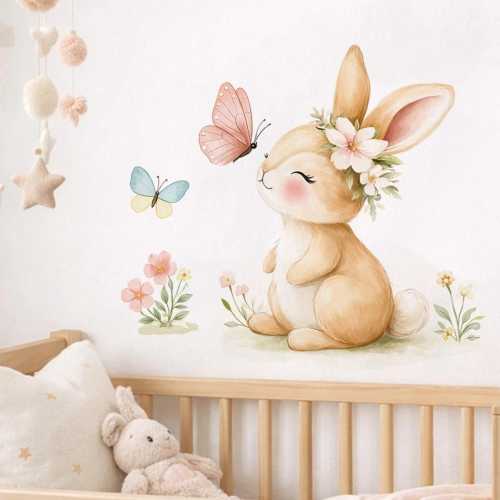 Watercolor Bunny Floral Wall Decal, Boho Rabbit Nursery Stickers, Baby Girl Room Decor, Floral Peel and Stick Decals, Baby Girl Room Decor