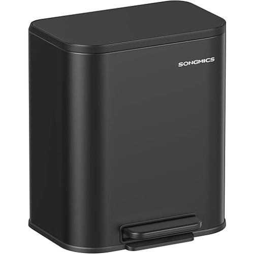 SONGMICS Kitchen Trash Can, 5.2-Gallon (20L) Garbage Can with Lid, Stainless Steel, Soft Close and Stays Open, Inner Bucket, Wide Non-Slip Pedal, Ink Black ULTB542B20