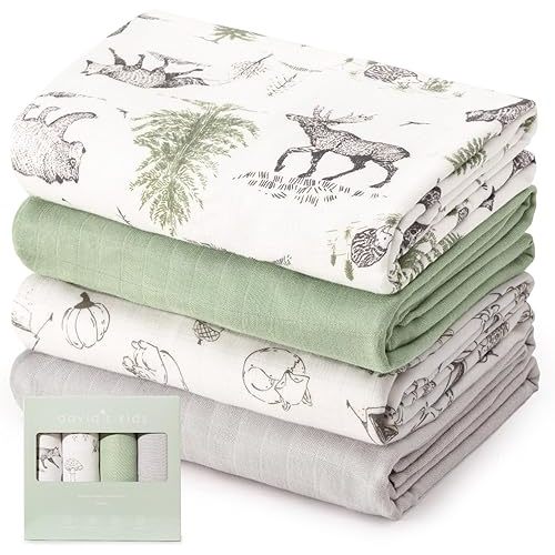 david's kids Muslin Swaddle Blankets, 4 Pack Organic Cotton Baby Blankets, Breathable Soft Receiving Blanket for Boys Girls, Newborn Essentials, Large 47 x 47 inches, Animal & Forest