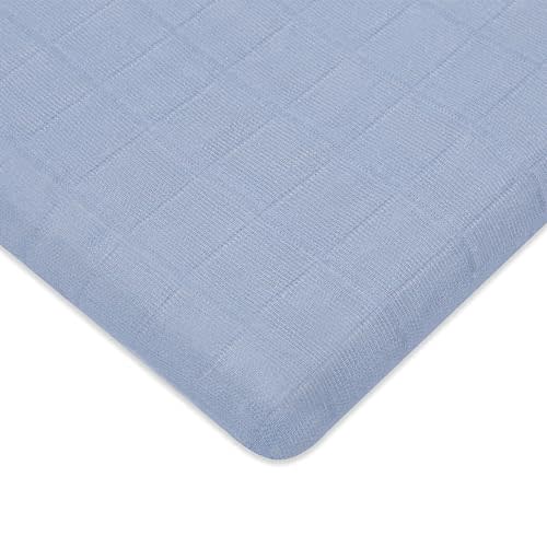 Babyletto Muslin Baby Bassinet Sheets for Girls & Boys - GOTS Certified Breathable Organic Cotton Cover, 360° Fitted, Soft, Gentle & Cozy Rectangle Bedside Bassinet Sheets - Dewdrop Blue