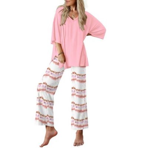 Ekouaer Lounge Sets for Women Pajamas Set Short Sleeve Tops and Long Pants Soft 2 Piece Outfits with Pockets Pink-Tie Dye Stripes XL