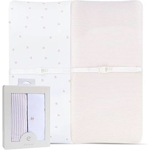 Ely’s & Co. Changing Pad Cover, Diaper Changing Table Sheets, 2 Pack, Cradle Sheet Set for Baby Girls, 100% Jersey Knit Cotton, Pink Tulip Collection, 32”x16”x5”