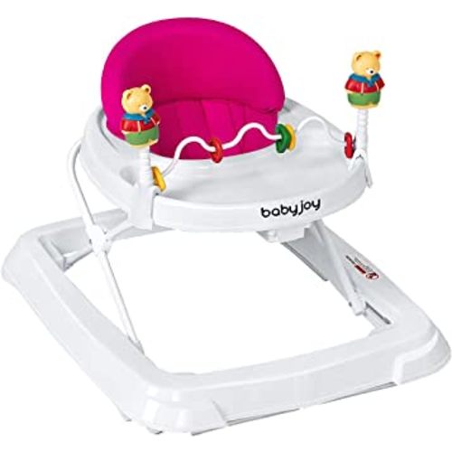BABY JOY Baby Walker, Foldable Activity Walker with Adjustable Height, Large Tray & Removable Toys, Baby Walker with Wheels for Boys Girls 6-18 Months (Pink)