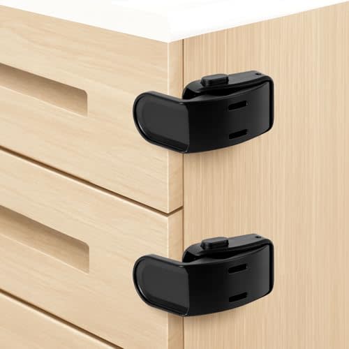 Maveek Baby Proofing Drawers, 4 Pack Child Proof Locks For Corner Drawer Thinner Door Cabinet Kitchen Cupboard Dresser Fridge, Childproof Furniture Latch For 0-12 month Infant (Black)