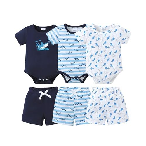 Jecson Newborn Boy Clothes Baby Boy Outfits Summer Set 6-Piece Cotton Short Sleeve Top and Shorts for 0-18M