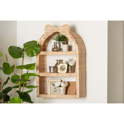 bali & pari Creusa Natural Rattan Wall Shelf - 3-Tier Decorative Storage Rack with Arched Frame and Woven Bow Accent, Boho Coastal Display Shelf