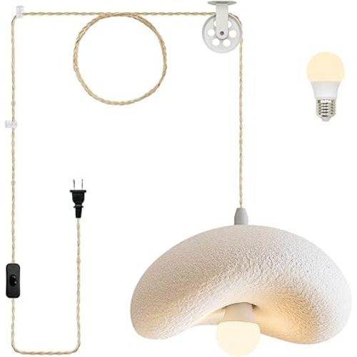 MODIVO Cloud Wabi-Sabi Plug-in Pendant Light with Adjustable Pulley - No Hardwired Needed, Soft Glow Kitchen Island Lighting, White Decorative Hanging Lamp for Indoor（11.8in）