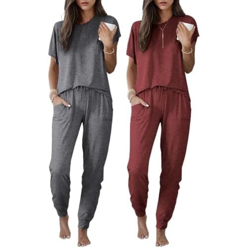 Ekouaer 2 pack Pajama Sets for Womens Jogger Pants Pjs Short Sleeves Lounge Set Soft Sleepwear with Pockets