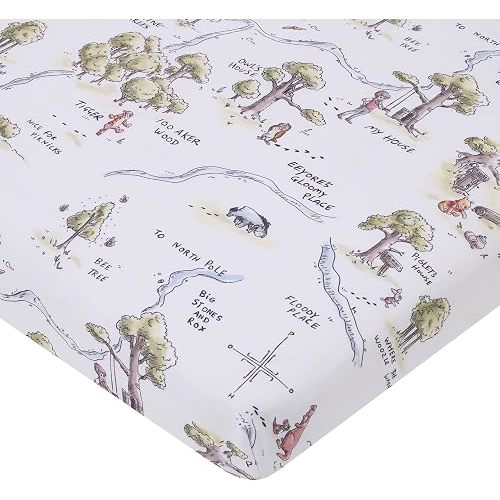 Disney Classic Winnie The Pooh Sage, Tan, and White, Map of 100 Acre Woods Super Soft Nursery Fitted Mini Crib Sheet