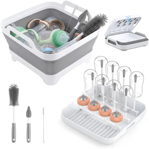 Collapsible Wash Basin for Baby Bottles with Drying Rack – 2.4 Gallon Foldable Dish Tub with Handles, Portable RV Camping Sink & Space-Saving Wash Bin with Lid for Kitchen, Travel & Outdoor