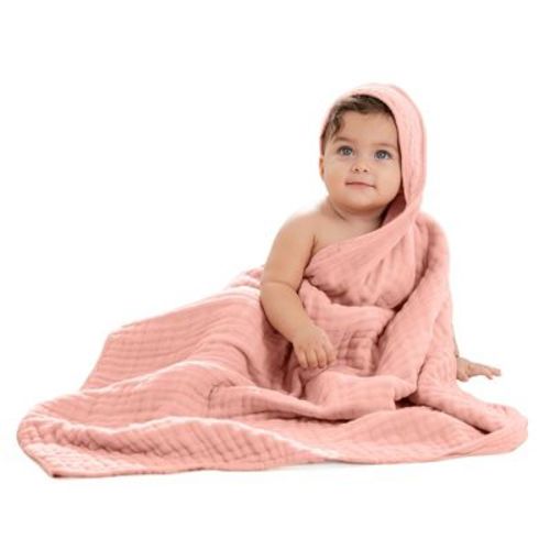 Comfy Cubs Hooded Baby Towels - 6 Layer, 100% Muslin Cotton - Large 32 x 32 Inch, Unisex, Pack of 1 - Bold Blush