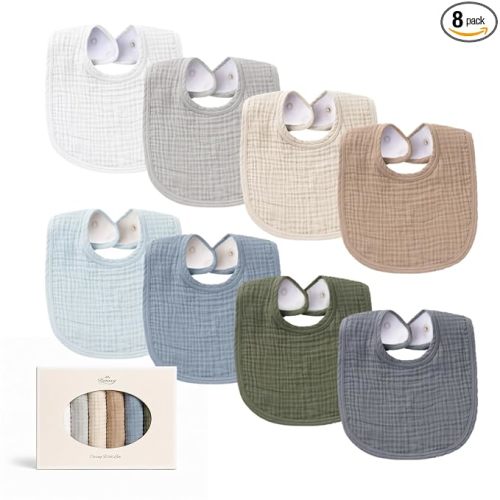 Konssy 8-Pack Muslin Baby Bibs, Adjustable Fit for Drooling and Teething