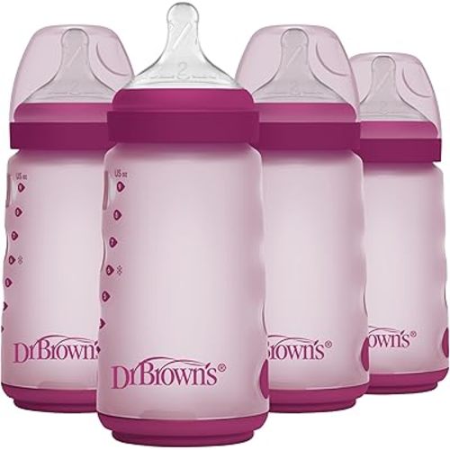 Dr. Brown's Silicone Baby Bottle with Collapsible Insert Designed to Reduce Colic, 9 oz with Wide-Neck Level 2 Medium Flow Nipple, 3m+, Pink, 4-Pack
