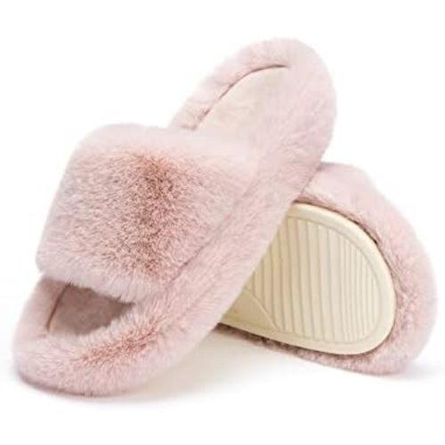 Chantomoo Women's Blue Memory Foam Faux Fur Lined Open Toe Slippers for Women - US 12