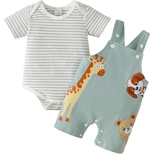 Baby Boy Clothes Cute Summer Outfits Infant Short Sleeve Striped Romper Cartoon Suspender Overalls 0-18 Months