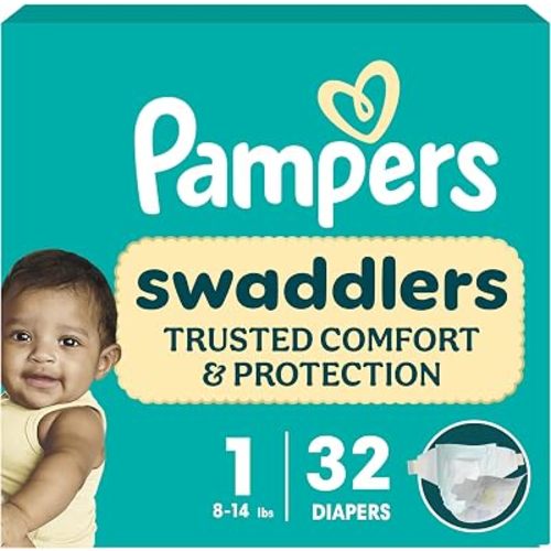 Pampers Swaddlers Diapers, Size 1 (8-14 lbs), 32 Count, Fragrance Free, Hypoallergenic, Absorbent, Pediatrician Recommended, Skin Safe (Packaging May Vary)