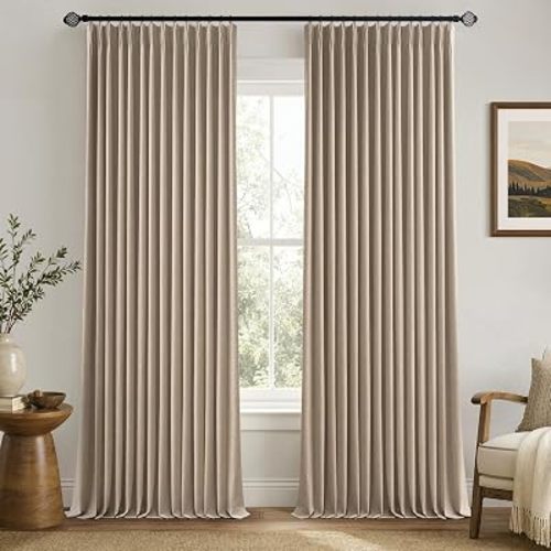 MIULEE Olive Green Pinch Pleated 100% Blackout Linen Curtains 40x84 Inches | Room Darkening, Memory Trained, Light Blocking, Black Out Pleat Drapes, Window Curtains for Bedroom Living Room, 2 Panels