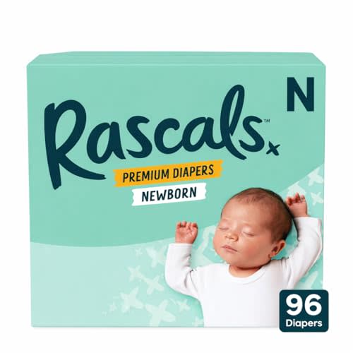 Rascals Premium Disposable Baby Diapers Newborn (96 Count) with 5 Sensitive Infant Wipes, Absorbent Core, Up to 12 Hours Protection, Gentle on Skin, Secure Fit