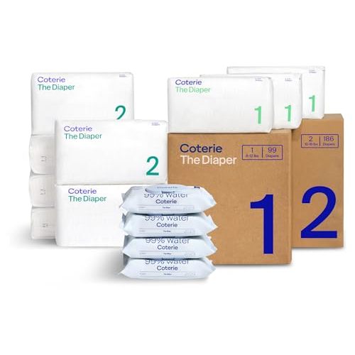 Coterie Baby Wipes + Diapers Kit, Size 1 (99 Count) & Size 2 Diapers (186 Count), 4 Pack (224) Baby Wipes with 99% Water, Plant Based Materials, Hypoallergenic for Sensitive Skin