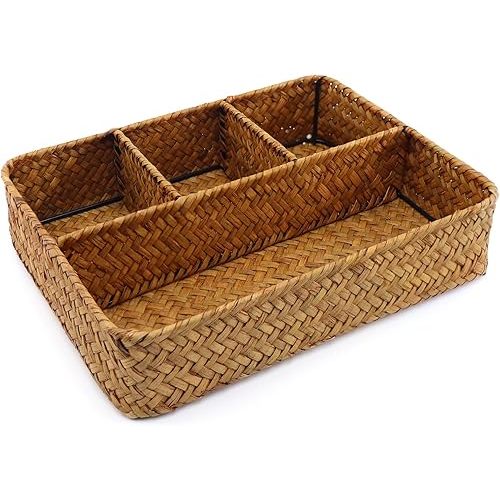 Wicker Baskets 4-Section Tea Bag/Sugar Packet Holder,Seagrass Woven Compartment Organizer,Storage Rattan Divided Basket,Office-Desk Baskets for Shelves,Pantry,Coffee Station Organizer,Countertops