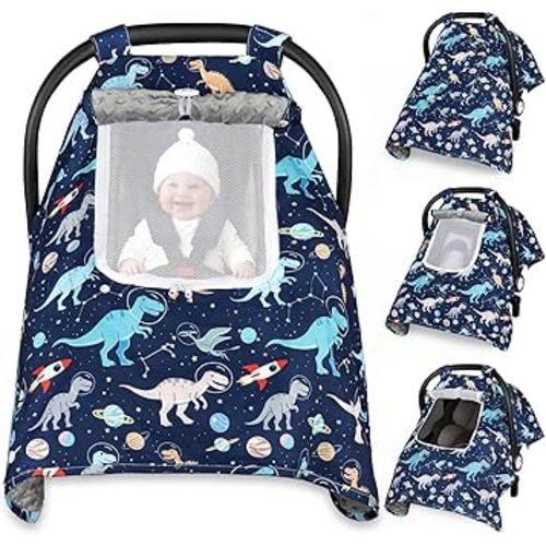 Car Seat Cover Baby, Carseat Covers Baby with 2 Layers Breathable Windows, Windproof Infant Car Seat Cover, Kick-Proof Baby Carrier Cover for Baby Boy Newborn Essentials