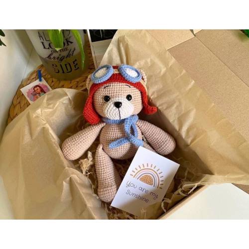 Pilot Teddy bear Crochet Aviator stuffed animal Pilot bear in helmet New baby boy gift 23 cm\9 in